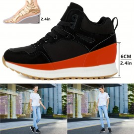 Women's Hidden Wedges Sneakers, Platform Walking Lace Up Soft Sole Shoes, High-top Comfort Shoes