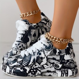 Women's Graffiti Print Sports Shoes, Fashion Lace Up Low Top Platform Sneakers, Casual Skate Shoes