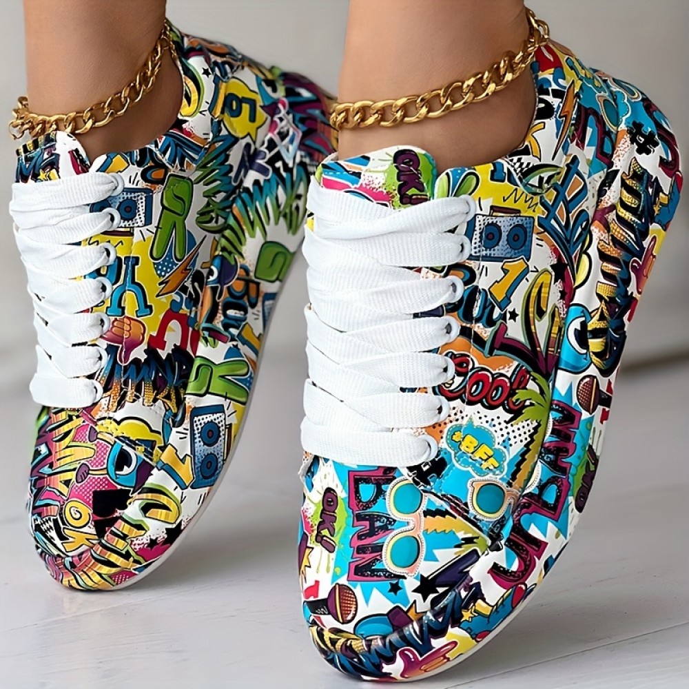 Women's Graffiti Print Sports Shoes, Fashion Lace Up Low Top Platform Sneakers, Casual Skate Shoes