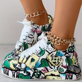 Women's Graffiti Print Sports Shoes, Fashion Lace Up Low Top Platform Sneakers, Casual Skate Shoes