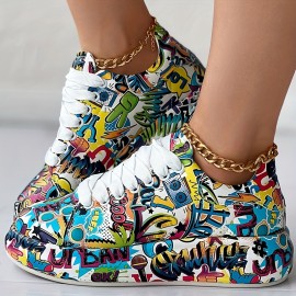 Women's Graffiti Print Sports Shoes, Fashion Lace Up Low Top Platform Sneakers, Casual Skate Shoes