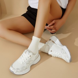 Desai Women'S Breathable Mesh Sneakers with Thick Cushioned PVC Sole - Lightweight Low-Top Lace-Up Running Shoes, All-Season Casual Outdoor Shoes in Beige & White, Ladies Sneakers, Comfortable Fabric Insole