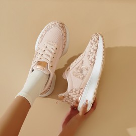 Desai Women'S Breathable Mesh Sneakers with Thick Cushioned PVC Sole - Lightweight Low-Top Lace-Up Running Shoes, All-Season Casual Outdoor Shoes in Beige & White, Ladies Sneakers, Comfortable Fabric Insole