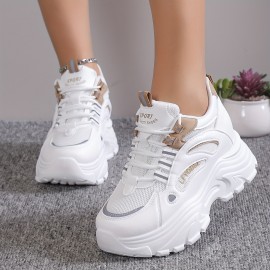 Women's Solid Color Mesh Sneakers, Lace Up Low-top Round Toe Heightening Thick Sole Trainers, Versatile Comfy Shoes