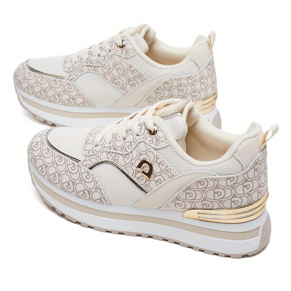 Dési Women's Low-Top Lace-Up Sneakers - Black & Golden Geometric Pattern Design, Breathable Fabric & PU Cover Upper, Cushioned PVC Sole for All-Season Comfort, Casual Running Shoes for Casual Attire