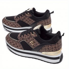 Dési Women's Low-Top Lace-Up Sneakers - Black & Golden Geometric Pattern Design, Breathable Fabric & PU Cover Upper, Cushioned PVC Sole for All-Season Comfort, Casual Running Shoes for Casual Attire