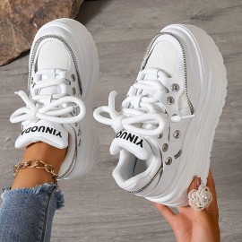 Women's Chunky Platform Sneakers - Mid Top EVA Lace-up Fashion Shoes with Round Toe, Fabric Upper & Lining, Polyurethane Sole for All-Season Comfort