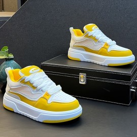 Men'S Low-Top Sneakers - Breathable Synthetic & Fabric Upper, Thick PVC Sole for Height Boost, White & Yellow Colorway, Lace-Up Casual Shoes for Casual Attire, Stylish Laceup Shoes, Modern Sneakers, Comfortable Fabric Insole
