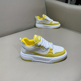 Men'S Low-Top Sneakers - Breathable Synthetic & Fabric Upper, Thick PVC Sole for Height Boost, White & Yellow Colorway, Lace-Up Casual Shoes for Casual Attire, Stylish Laceup Shoes, Modern Sneakers, Comfortable Fabric Insole