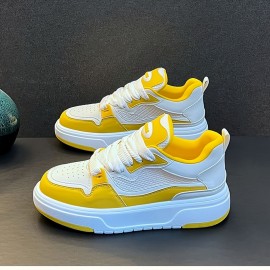 Men'S Low-Top Sneakers - Breathable Synthetic & Fabric Upper, Thick PVC Sole for Height Boost, White & Yellow Colorway, Lace-Up Casual Shoes for Casual Attire, Stylish Laceup Shoes, Modern Sneakers, Comfortable Fabric Insole