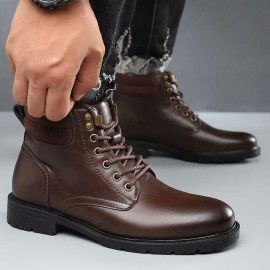 Men'S High-Top Ankle Boots - Non-Slip Thick Rubber Sole, All-Weather Comfort, Lace-Up Work Boots with Cushioned Insole - BrownTan - All-Season Outdoor & Office, Travel Boots For Men - Ideal For Hiking, Camping, Work - Durable Pu Construction