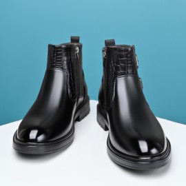 Men's Business Dress Ankle Boots, with a Convenient Side Zipper Design, Unique Crocodile Texture and Double Buckles, Non-Slip Thick-Soled Ankle Boots for Office, Weddings, and Parties,  Professional Attire, Stylish Ankle Boots, Modern Menswear