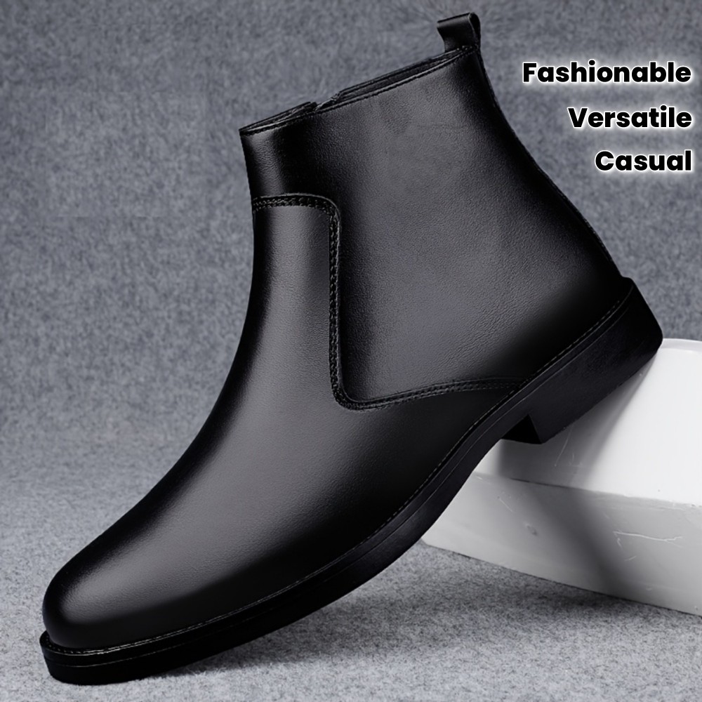 Men's Mid-Calf Boots - Stylish Retro Ankle Boots with Zipper Closure, Glossy Upper & Slip-Resistant Rubber Sole, Black Versatile Boots for Casual & Formal Outfits, Sleek Boot Design