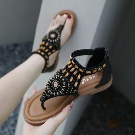 Summer Bohemian Retro Beaded Wedge Sandals - Versatile Vacation Beach Ethnic Style Women's Shoes