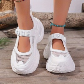 [Casual Attire] Breathable Mesh Mary Jane Shoes - Women's Summer Casual Sneakers with Thick Cushioned Sole, Closure & Round Toe - White & Pink