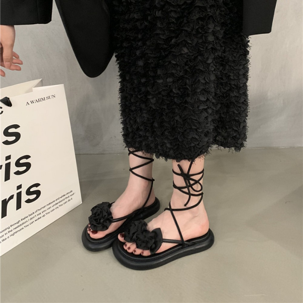 Women's Plus Size Roman Sandals - Black Synthetic Cover Adjustable Lace-Up Open-Toe Flat Sandals with Decorative Bow Accents, Comfortable Rubber Sole for Casual & Formal Occasions, Versatile Fashion Footwear | Crisscross Strap Design | Durable Footwear Construction, Strappy Sandals