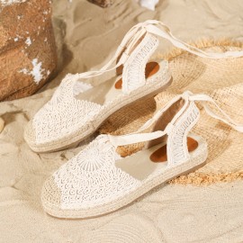 Bohemian Style Women's Flat Sandals, Summer Vacation Round Toe Lace-Up Ankle Strap Shoes with Fabric Upper, TPR Sole, and Comfort Insole, Strappy Sandals