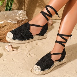 Bohemian Style Women's Flat Sandals, Summer Vacation Round Toe Lace-Up Ankle Strap Shoes with Fabric Upper, TPR Sole, and Comfort Insole, Strappy Sandals