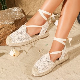 Bohemian Style Women's Flat Sandals, Summer Vacation Round Toe Lace-Up Ankle Strap Shoes with Fabric Upper, TPR Sole, and Comfort Insole, Strappy Sandals