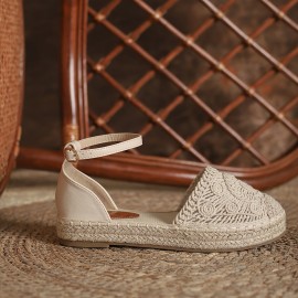 Women's Solid Color Stylish Sandals, Straw Woven Platform Ankle Strappy Beach Shoes, Closed Toe Espadrilles Vacation Shoes