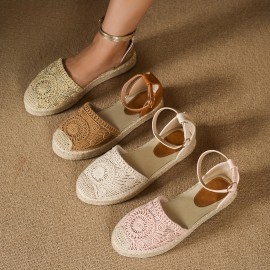 Women's Solid Color Stylish Sandals, Straw Woven Platform Ankle Strappy Beach Shoes, Closed Toe Espadrilles Vacation Shoes