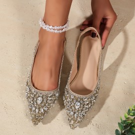3638-1 Summer Elegant Luxury Women's Golden Silvery Rhinestone Open Back Flat Toe Studded Walking Party Commute Office Sandals