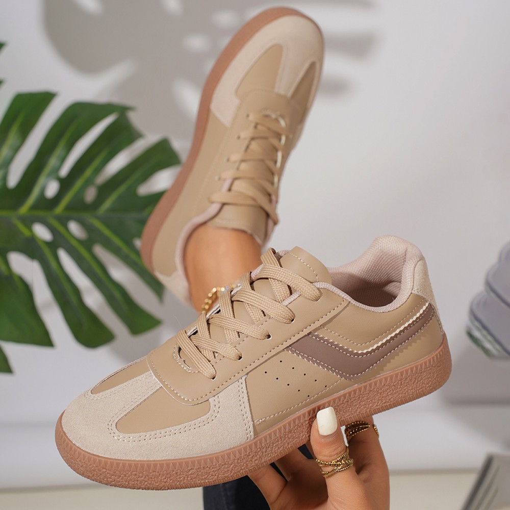 [Comfortable Women's Sneakers] Comfortable & Durable Women's Casual Low-Top Sneakers | Beige & White Synthetic, Lace-Up with Round Toe, Fabric Lining, Rubber Sole, All-Season Wear