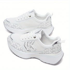 Desai Women'S Breathable Mesh Sneakers with Thick Cushioned PVC Sole - Lightweight Low-Top Lace-Up Running Shoes, All-Season Casual Outdoor Shoes in Beige & White, Ladies Sneakers, Comfortable Fabric Insole