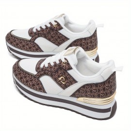 Dési Women's Low-Top Lace-Up Sneakers - Black & Golden Geometric Pattern Design, Breathable Fabric & PU Cover Upper, Cushioned PVC Sole for All-Season Comfort, Casual Running Shoes for Casual Attire