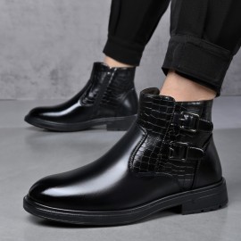 Men's Business Dress Ankle Boots, with a Convenient Side Zipper Design, Unique Crocodile Texture and Double Buckles, Non-Slip Thick-Soled Ankle Boots for Office, Weddings, and Parties,  Professional Attire, Stylish Ankle Boots, Modern Menswear