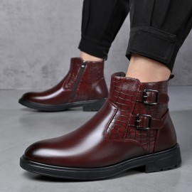 Men's Business Dress Ankle Boots, with a Convenient Side Zipper Design, Unique Crocodile Texture and Double Buckles, Non-Slip Thick-Soled Ankle Boots for Office, Weddings, and Parties,  Professional Attire, Stylish Ankle Boots, Modern Menswear