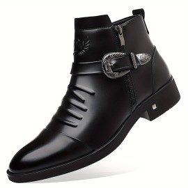 Men'S Business Formal Short Boots, Retro Carved Buckle and Convenient Side Zipper Design, Embossed Pattern on the Shoe Surface, Suitable for 11 Festivals, Fashionable Pointed Toe Ankle Boots for Weddings and Formal Occasions, Casual Dress Shoe For Men, Cowboy Boot For Men, Ankle Boot For Men, Snow Boot For Men, Men'S Medium-length Lightweight Boots