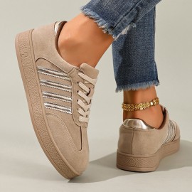Women'S British Style Vertical Stripe Sneakers - Beige & White Low-Top Lace-Up Casual Shoes with Golden Accents, Breathable Fabric Upper & Synthetic Cover Lining, All-Season Versatile for Casual Attire, Ladies Sneakers, Beige And Brown Women'S Sneakers, Women'S Tan Shoes, Sneaker Woman Aesthetic, Comfortable Women'S Sneakers, Lady'S Casual Sneakers, Sneaker For Women, Shoe For Women, Shoe For Woman, Sneaker For Woman