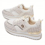 Dési Women's Low-Top Lace-Up Sneakers - Black & Golden Geometric Pattern Design, Breathable Fabric & PU Cover Upper, Cushioned PVC Sole for All-Season Comfort, Casual Running Shoes for Casual Attire