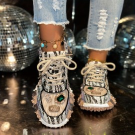 Women'S Fashion Sneakers - Thick-Soled Wedge Shoes with Glitter Upper, Durable Rubber Sole - Breathable Fabric Upper - All-Season Casual White Shoes for Casual Attire - Perfect Holiday Gift, Sneaker For Women, Stylish Sneaker For Women, Shoe For Women