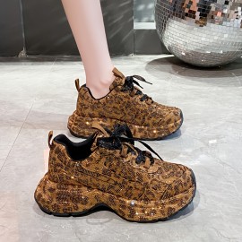 New Women'S Fashion Sneakers - Thick Sole, Lace-Up, Round Toe, Fabric Upper, Rubber Sole, Synthetic Insole, All-Season Casual Shoes with Crystal Embellishments - Perfect for Holiday Parties & Casual Attire, Casual Footwear | Stylish Laceup Shoes | Durable Rubber Sole, Glitter Sneakers For Women, Red Sneakers For Women, Platform Sneakers For Women, Shiny Sneakers For Women, Fashionable Sneakers For Women, Platform Sneaker For Women