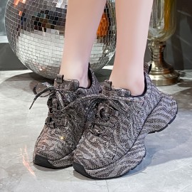 New Women'S Fashion Sneakers - Thick Sole, Lace-Up, Round Toe, Fabric Upper, Rubber Sole, Synthetic Insole, All-Season Casual Shoes with Crystal Embellishments - Perfect for Holiday Parties & Casual Attire, Casual Footwear | Stylish Laceup Shoes | Durable Rubber Sole, Glitter Sneakers For Women, Red Sneakers For Women, Platform Sneakers For Women, Shiny Sneakers For Women, Fashionable Sneakers For Women, Platform Sneaker For Women