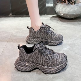 New Women'S Fashion Sneakers - Thick Sole, Lace-Up, Round Toe, Fabric Upper, Rubber Sole, Synthetic Insole, All-Season Casual Shoes with Crystal Embellishments - Perfect for Holiday Parties & Casual Attire, Casual Footwear | Stylish Laceup Shoes | Durable Rubber Sole, Glitter Sneakers For Women, Red Sneakers For Women, Platform Sneakers For Women, Shiny Sneakers For Women, Fashionable Sneakers For Women, Platform Sneaker For Women
