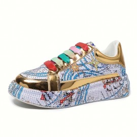 Women'S Rhinestone-Embellished Low-Top Sneakers - Sparkling Round-Toe Lace-Up Casual Shoes with Durable Rubber Sole, All-Season Comfort & Retro Cartoon Graffiti Design, Synthetic Cover Upper & Fabric Lining for Casual Attire, Label Wearers | Hook and Loop Closures, Delicate Shoe Charm, Geometric Pattern of Style, Holiday Charm, Exquisite Popular Style, Synthetic Material Suitable