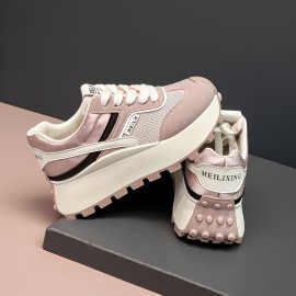 Women'S British-Inspired College Style Lace-Up Sneakers - Breathable Mesh & Thick Cushioned Sole, Geometric Pattern Low-Top Casual Shoes for All-Season Comfort, Ladies Sneakers, Durable Tpr Sole