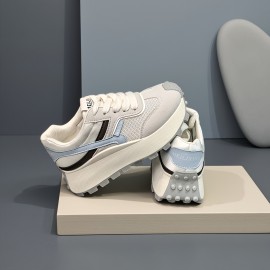 Women'S British-Inspired College Style Lace-Up Sneakers - Breathable Mesh & Thick Cushioned Sole, Geometric Pattern Low-Top Casual Shoes for All-Season Comfort, Ladies Sneakers, Durable Tpr Sole