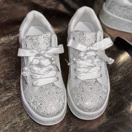 Women's Rhinestone-Embellished Low-Top Lace-Up Sneakers - Sparkling Crystal Accents, Breathable Fabric Upper & Rubber Sole, Round Toe Comfort for Casual & Semi-Formal Wear, Versatile Fashion Shoes, Decorative Lace Shoes, Durable Footwear, Casual Attire, Stylish Sneakers, Quality Construction, Stylish Ladies
