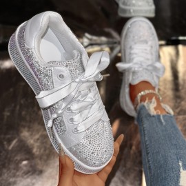 Women's Rhinestone-Embellished Low-Top Lace-Up Sneakers - Sparkling Crystal Accents, Breathable Fabric Upper & Rubber Sole, Round Toe Comfort for Casual & Semi-Formal Wear, Versatile Fashion Shoes, Decorative Lace Shoes, Durable Footwear, Casual Attire, Stylish Sneakers, Quality Construction, Stylish Ladies