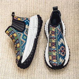 Men'S All-Season Hiking Shoes - Slip-On/Lace-Up Closure, Breathable Fabric Upper & Non-Slip PVC Outsole, Mid-Calf Support for Outdoor, Gym, Everyday - Beige/Blue/Black/Red/White/ - Durable Trekking Shoes for Men, Outdoor Footwear, Geometric Pattern, Secure Fit, Versatile Footwear, Active Lifestyle, Shoe For Men High Quality