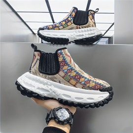 Men'S All-Season Hiking Shoes - Slip-On/Lace-Up Closure, Breathable Fabric Upper & Non-Slip PVC Outsole, Mid-Calf Support for Outdoor, Gym, Everyday - Beige/Blue/Black/Red/White/ - Durable Trekking Shoes for Men, Outdoor Footwear, Geometric Pattern, Secure Fit, Versatile Footwear, Active Lifestyle, Shoe For Men High Quality