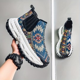 Men'S All-Season Hiking Shoes - Slip-On/Lace-Up Closure, Breathable Fabric Upper & Non-Slip PVC Outsole, Mid-Calf Support for Outdoor, Gym, Everyday - Beige/Blue/Black/Red/White/ - Durable Trekking Shoes for Men, Outdoor Footwear, Geometric Pattern, Secure Fit, Versatile Footwear, Active Lifestyle, Shoe For Men High Quality