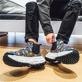 Men'S All-Season Hiking Shoes - Slip-On/Lace-Up Closure, Breathable Fabric Upper & Non-Slip PVC Outsole, Mid-Calf Support for Outdoor, Gym, Everyday - Beige/Blue/Black/Red/White/ - Durable Trekking Shoes for Men, Outdoor Footwear, Geometric Pattern, Secure Fit, Versatile Footwear, Active Lifestyle, Shoe For Men High Quality