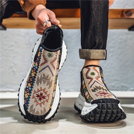 Men'S All-Season Hiking Shoes - Slip-On/Lace-Up Closure, Breathable Fabric Upper & Non-Slip PVC Outsole, Mid-Calf Support for Outdoor, Gym, Everyday - Beige/Blue/Black/Red/White/ - Durable Trekking Shoes for Men, Outdoor Footwear, Geometric Pattern, Secure Fit, Versatile Footwear, Active Lifestyle, Shoe For Men High Quality