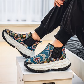 Men'S All-Season Hiking Shoes - Slip-On/Lace-Up Closure, Breathable Fabric Upper & Non-Slip PVC Outsole, Mid-Calf Support for Outdoor, Gym, Everyday - Beige/Blue/Black/Red/White/ - Durable Trekking Shoes for Men, Outdoor Footwear, Geometric Pattern, Secure Fit, Versatile Footwear, Active Lifestyle, Shoe For Men High Quality