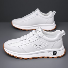Men's All-Season Breathable White Sneakers - Casual & Sporty, Non-Slip Soft Rubber Sole, Low-Top Design with Pull Tab, Comfortable Microfiber Upper for Casual Attire